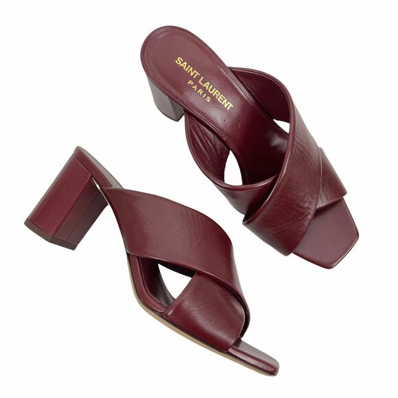 Saint Laurent LouLou Leather Slide Sandals Block Heel Deep Red Size 37 - Picture 1 of 11